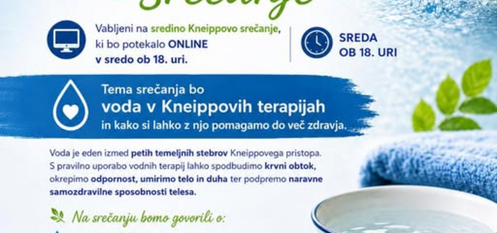 Kneippovo mesečno srečanje - tokrat spletno o hidroterapiji
